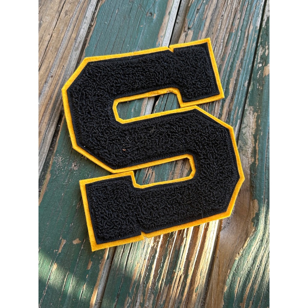 Vintage Varsity Letter S Patch Black Yellow Chenille Letterman Jacket 7.5 Inch